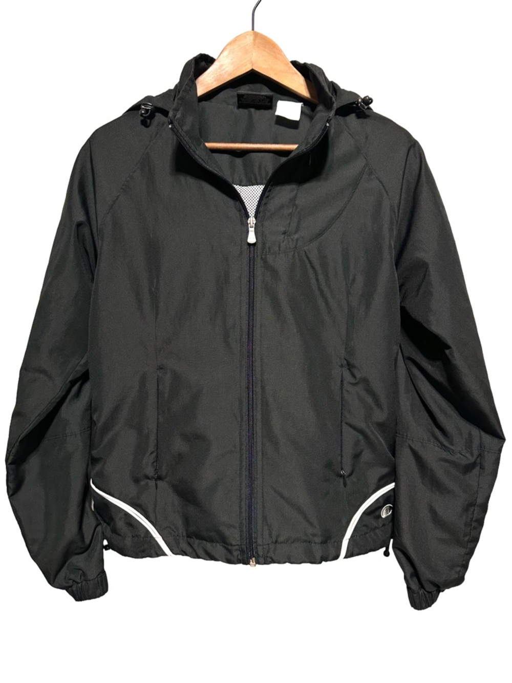 Champion Black Hooded Windbreaker Track Jacket White Piping Size S